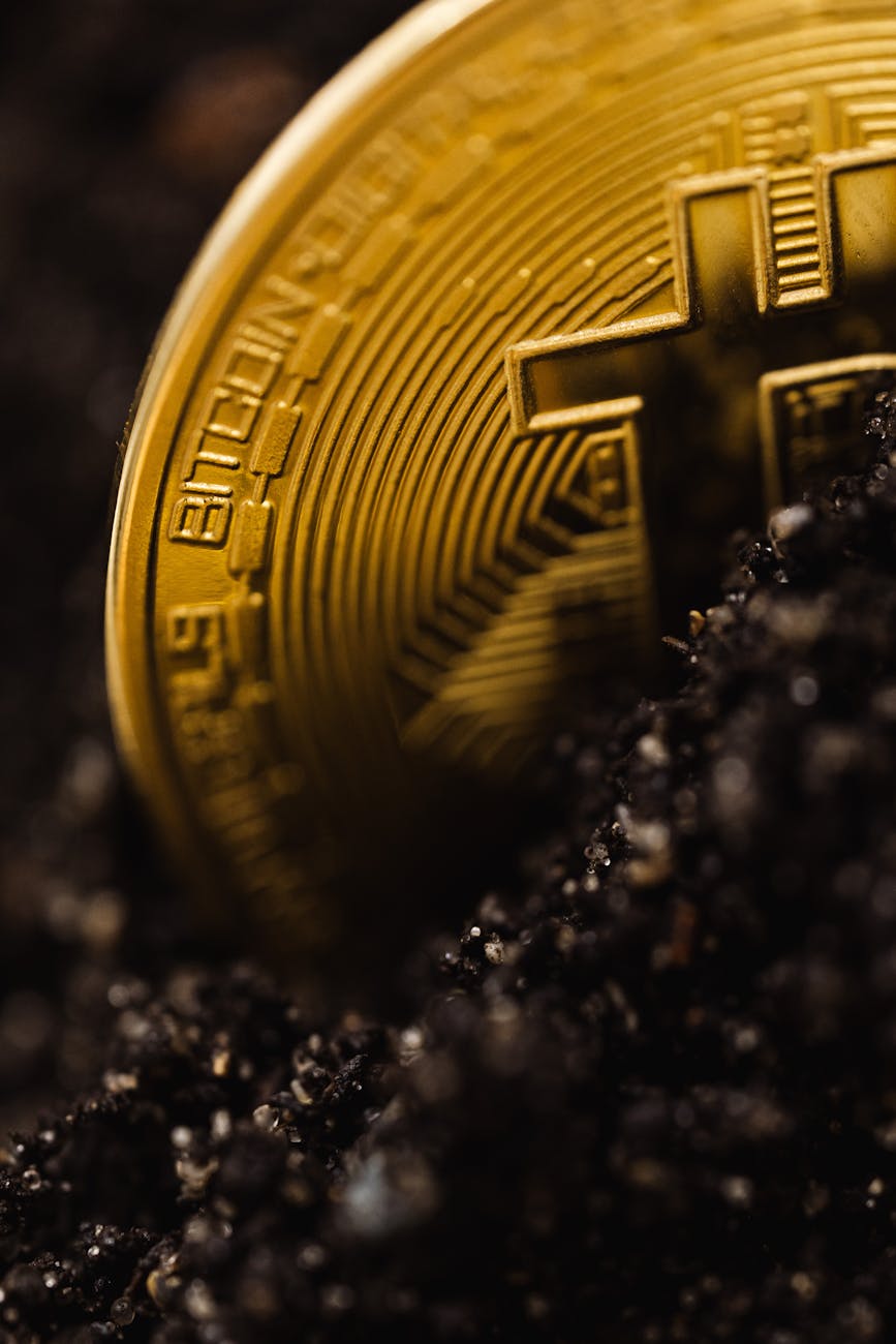 close up shot of a bitcoin buried in the ground